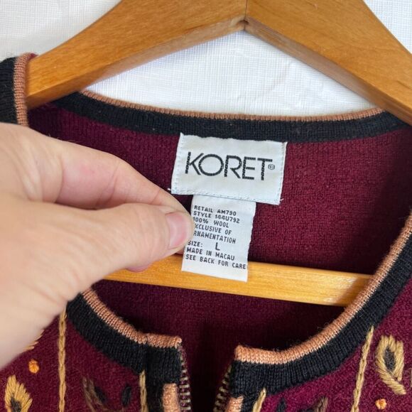 Koret Vintage 100% Wool Embroidered Full Zip Fall Sweater Sz Large Thanksgiving - Picture 7 of 8